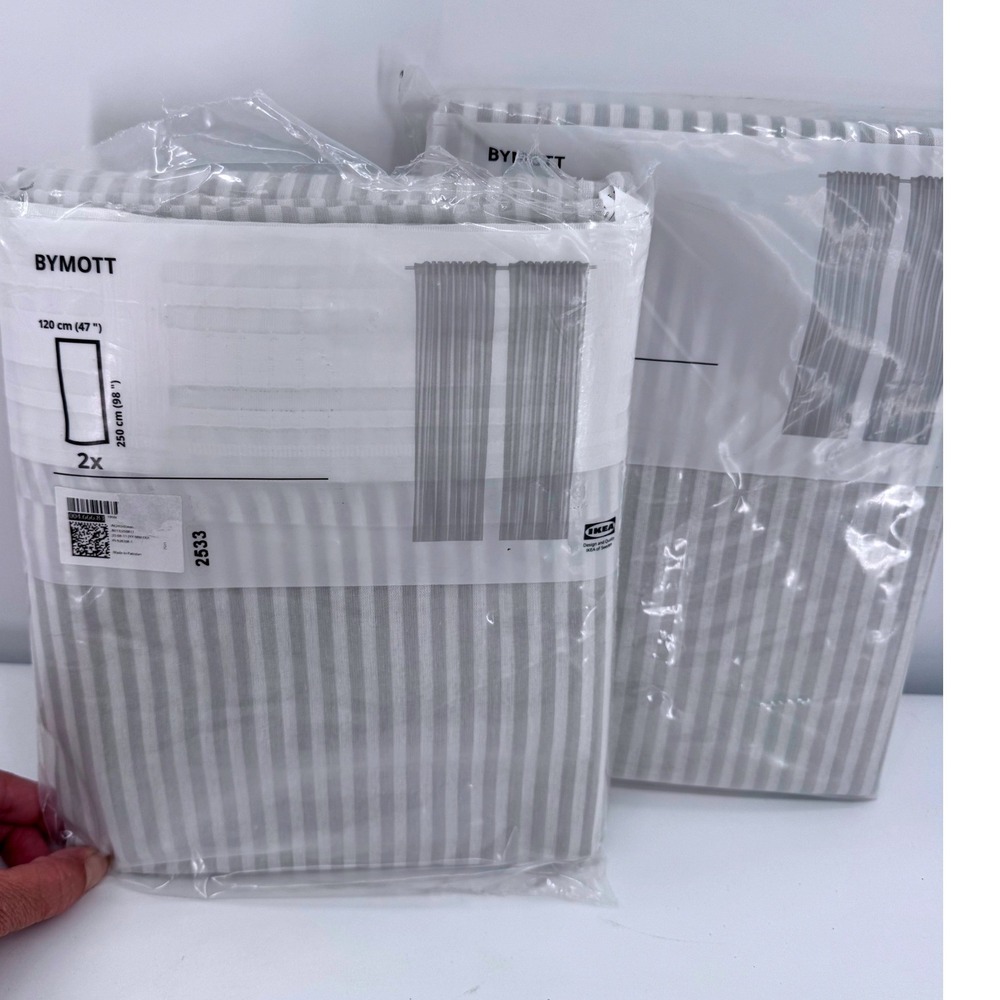 IKEA BYMOTT Curtain‎ Set of 2 47x98 White Grey Striped Panels 4 Panels New